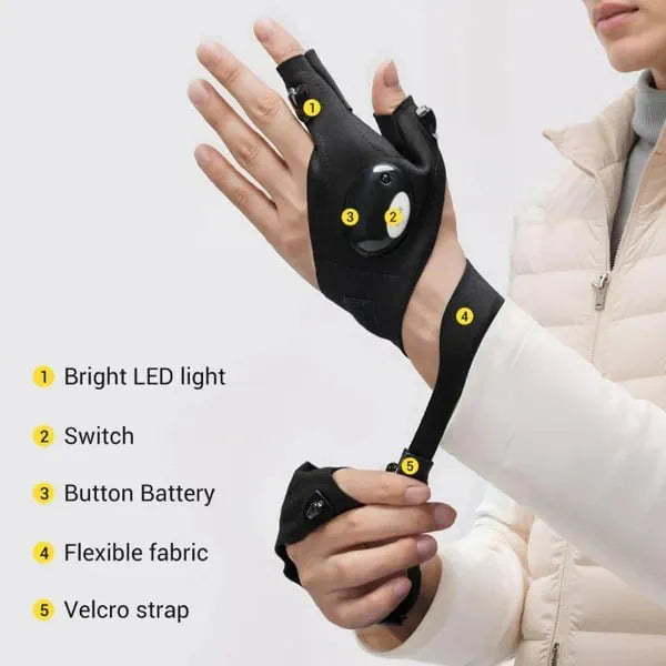 Hands-Free LED Half Finger Gloves — Bright Fingertip Light for Fishing, Repairs, Camping & Night Work