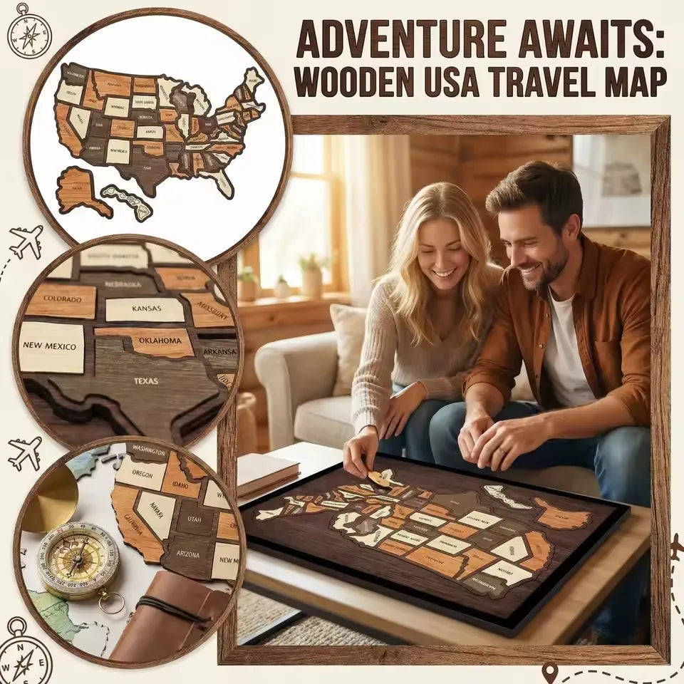 🔥Last Day 49% OFF -🇺🇸 Wooden USA Travel Map Puzzle🧩A Stylish Way to Track Your Journey