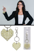 Heart Charm Split-Ring Keychain Silver-Tone With Pearlescent White Acrylic Beads - KEKC31857