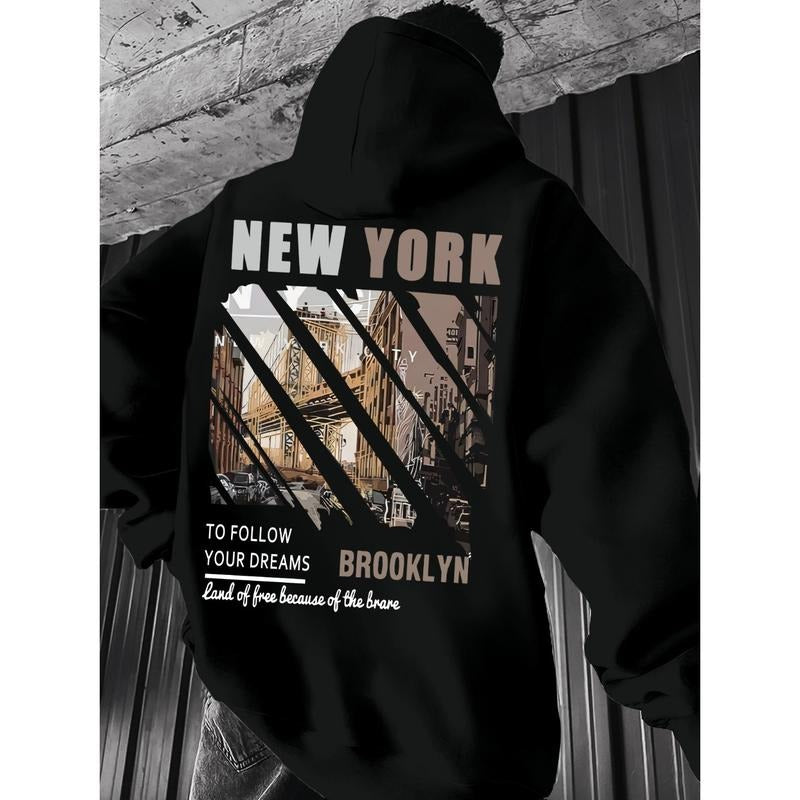 Men's New York Brooklyn cityscape Graphic Hoodie - Cotton Blend Black Long Sleeve Pullover Regular Fit | Soft & Breathable Fabric, Durable Print, Everyday Comfort, Machine Washable, urban streetwear indoor urban backdrop