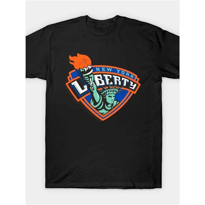 Men's New York Liberty Graphic T-Shirt - 100% Cotton Relaxed Fit Crew Neck Tee with Statue of Liberty & Basketball Flame Print, All-Season Black Casual Shirt, for Summer & Casual Attire